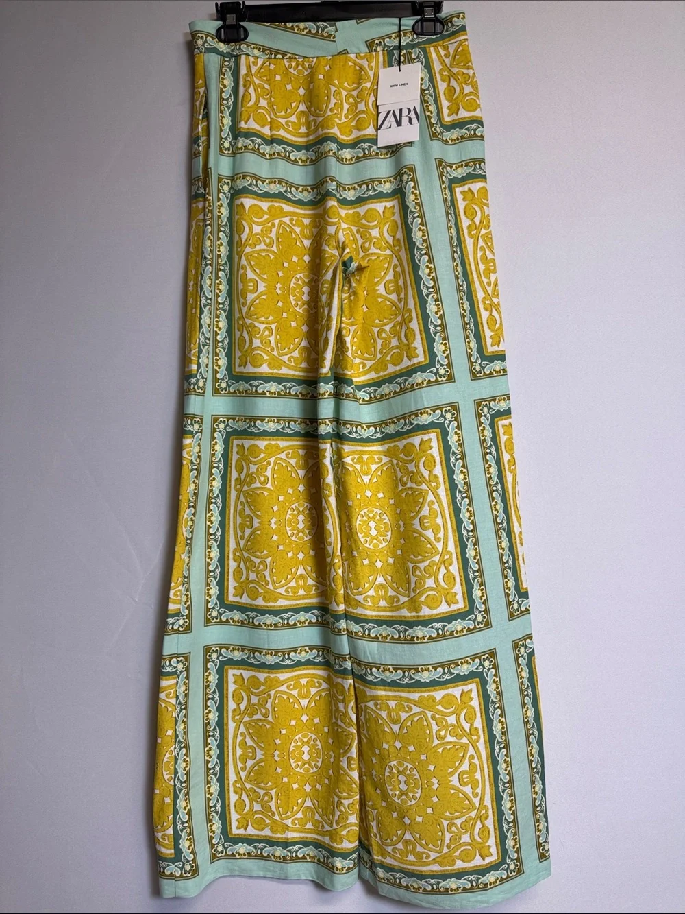 Zara Yellow & Mint Baroque Print Linen Blend Wide Leg Trousers Size Small